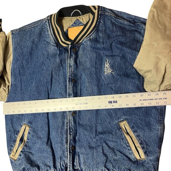 No Fear Varsity Jacket Mens L Denim Blue Beige Sleeve 90s Y2K Streetwear Retro - Picture 6 of 13